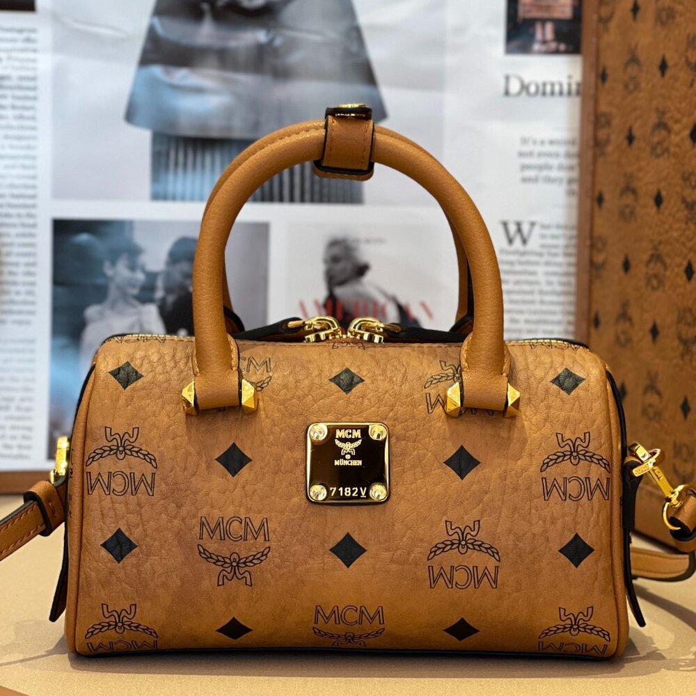 MCM MINI Aren Visetos Boston Pillow Bag